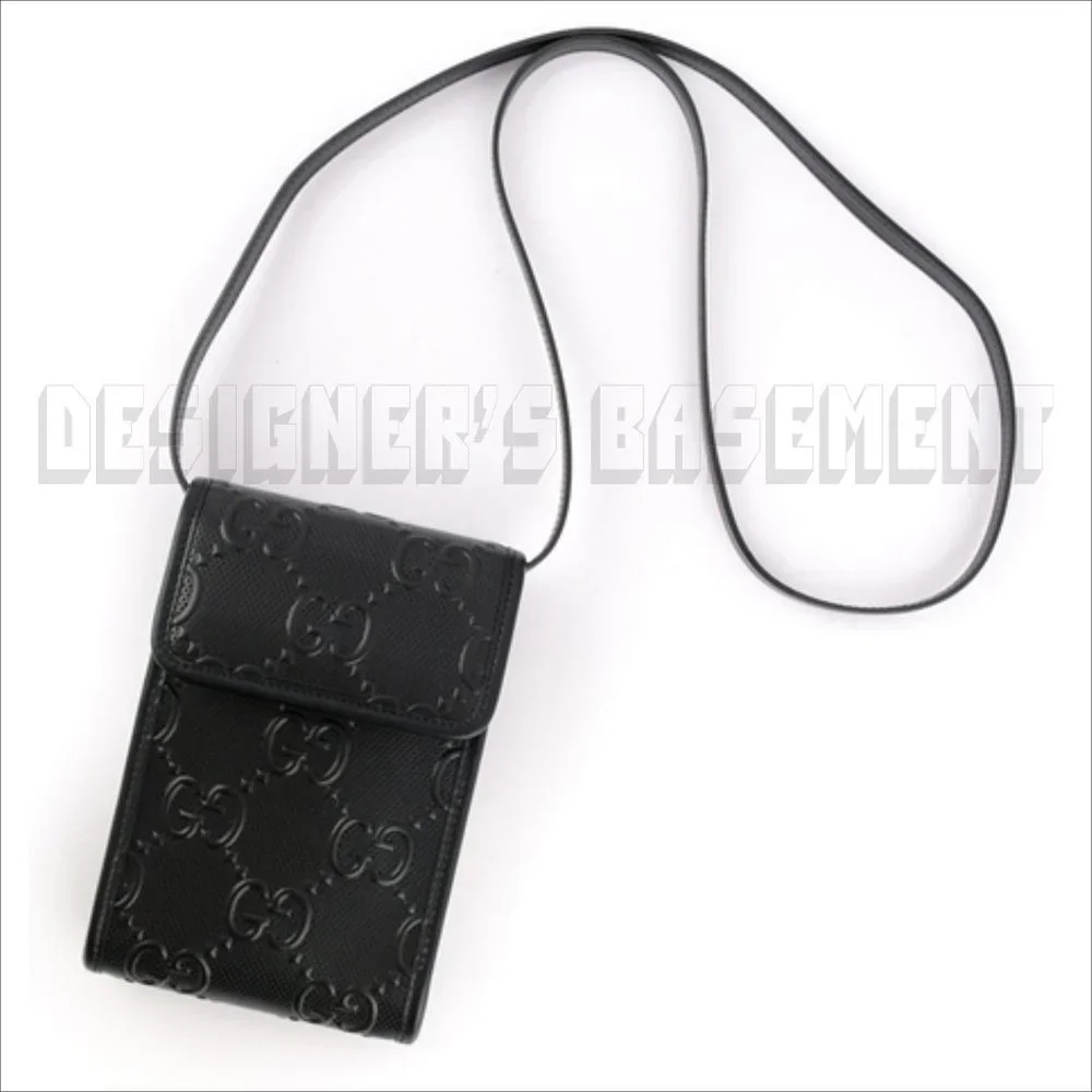 GUCCI black GG TENNIS smooth Perforated GUCCISSIMA Leather CrossBody PHONE bag🎁